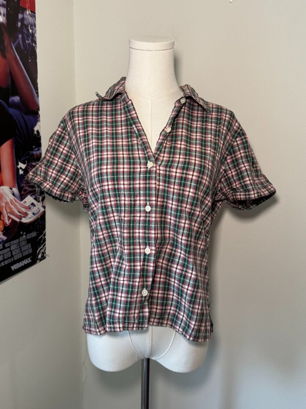 Abercrombie Y2K Green, Red, and Cream Plaid Short Sleeve Baby Button Up Blouse